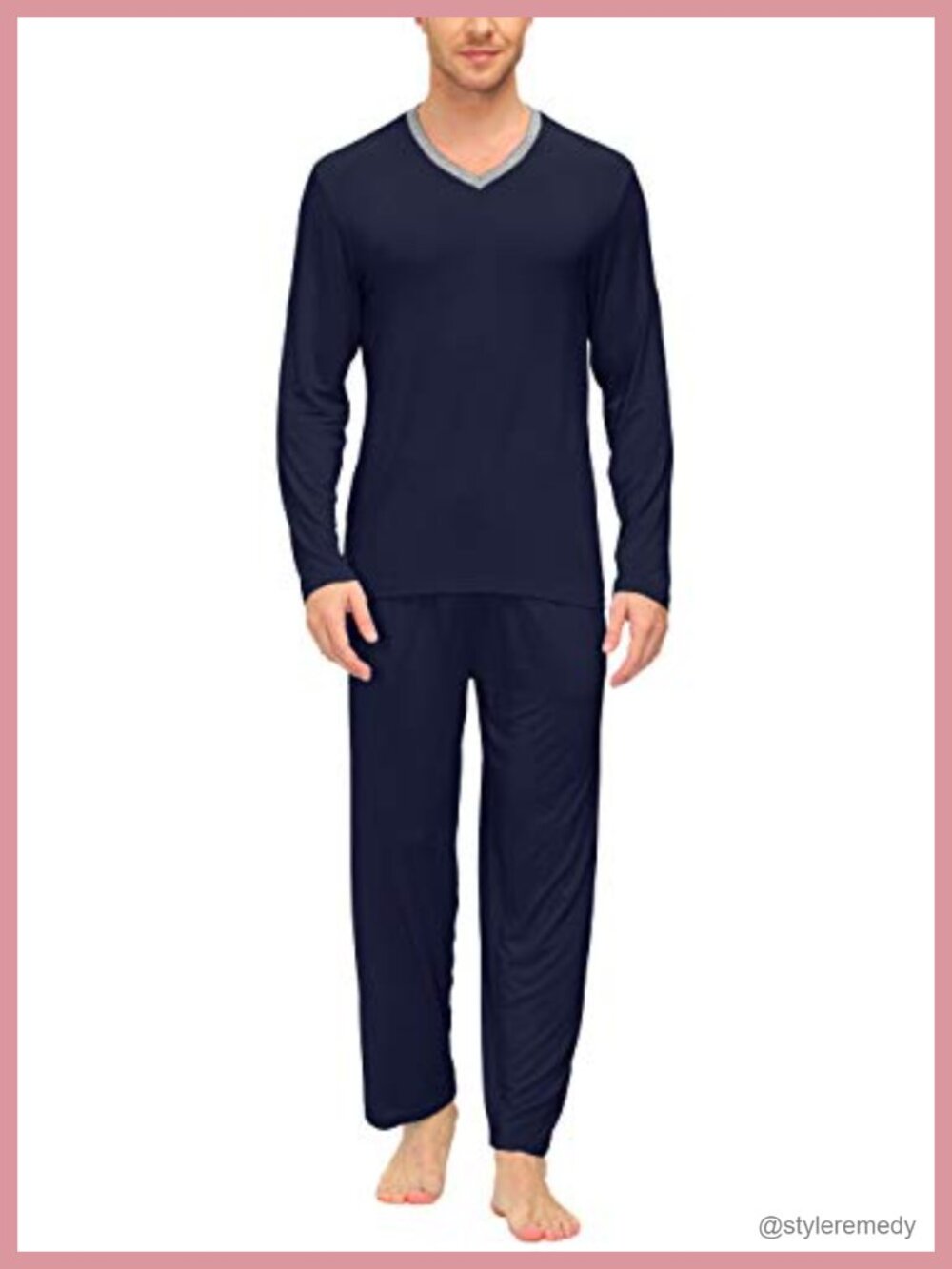 Men's Modal Pajama Set Long Sleeve V-Neck Top & Drawstring Pants Sleepwear